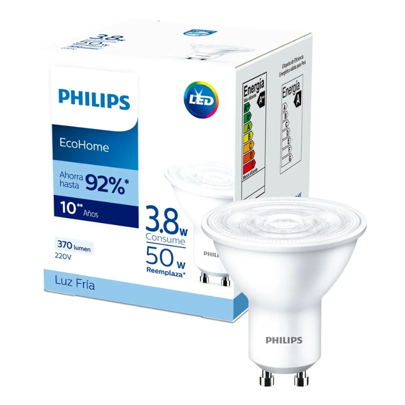 Ampolleta Philips Gu10 Ecohome 3.8w-50w Luz Fría 6500k