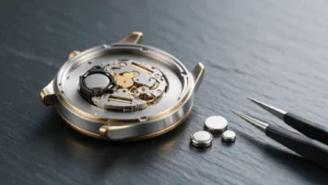 Reloj abierto con pila de óxido de plata y pilas de reloj de distintos tamaños