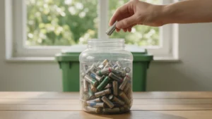 Mano depositando una pila usada en un frasco para reciclar pilas